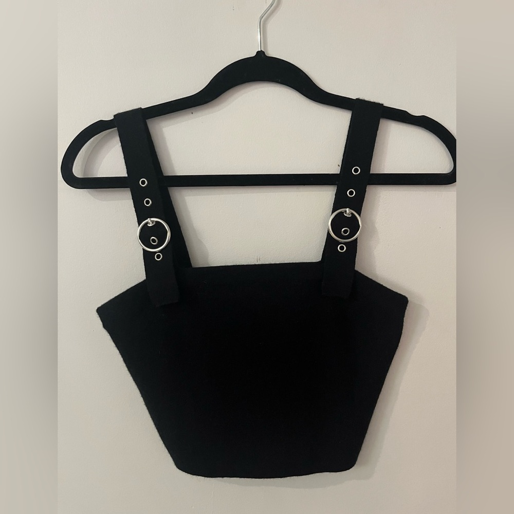 Black Strap Crop Top with Buckle Detail - Women